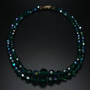 Vintage Czech AB coated emerald crystal double strand necklace.